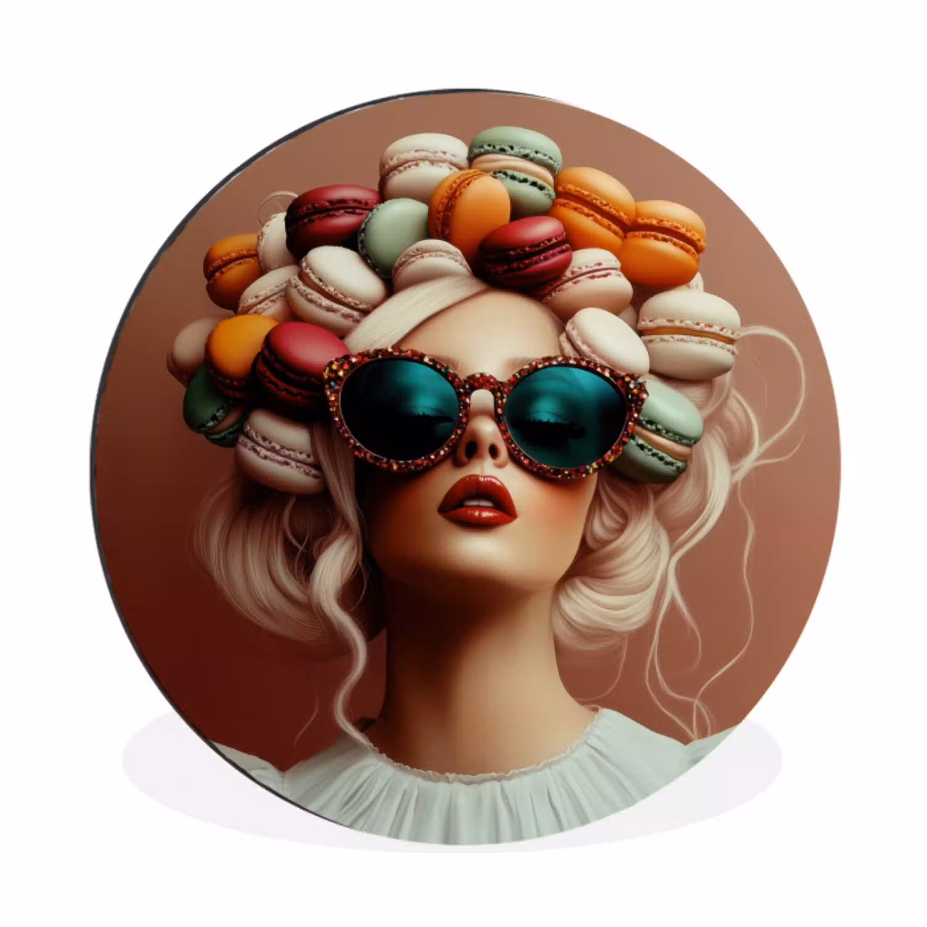 Vrouw - Macarons - Bril Wandcirkel aluminium klein -3d