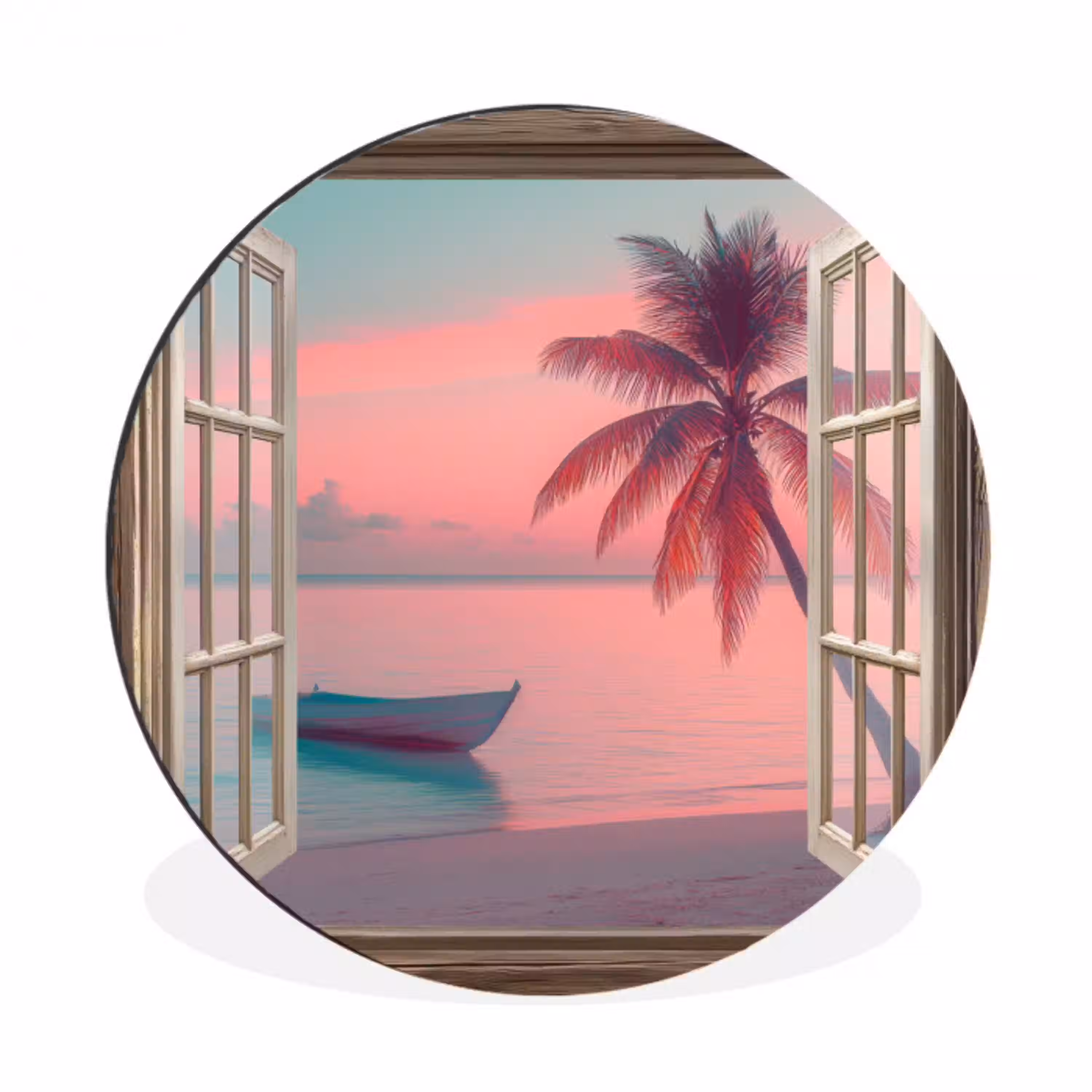 Doorkijk - Strand - Palmboom - Tropisch Wandcirkel aluminium klein -3d