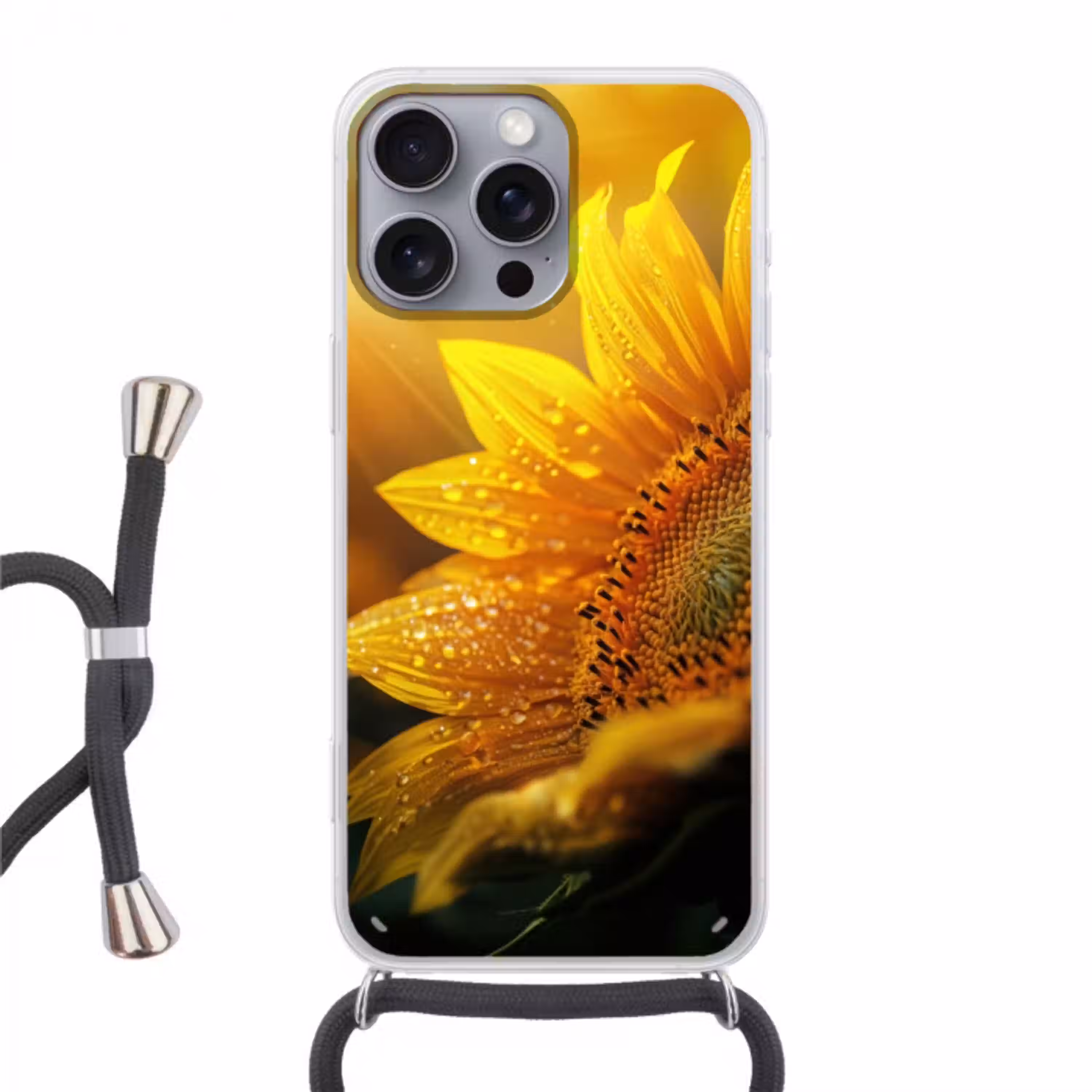 Zonnebloem - Dauwdruppels - Geel - Zonlicht Hoesje iPhone 16 Pro Max met koord klein -3d