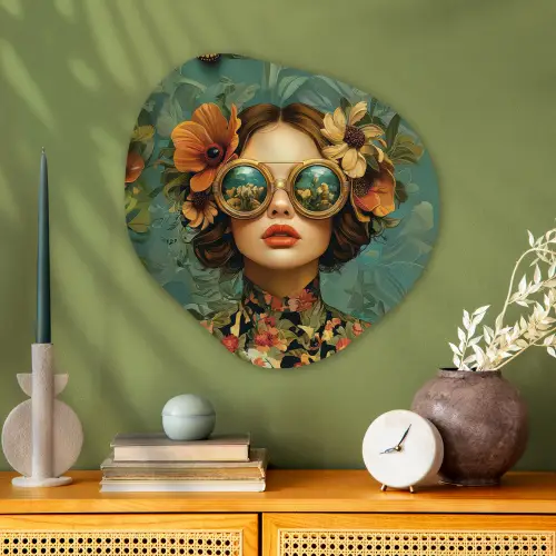 Vrouw - Bloemen - Vlinders - Natuur - Vintage Wandcirkel Organisch Aluminium middel -sfeer2