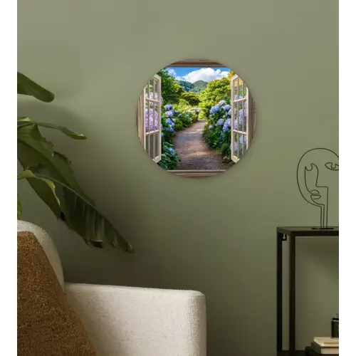 Doorkijk - Hortensia - Pad - Natuur Wandcirkel kunststof plaat 5mm dik klein -sfeer3