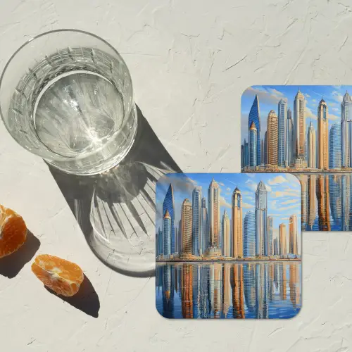 Skyline - Wolkenkrabbers - Water - Blauw onderzetter kurk middel -sfeer4