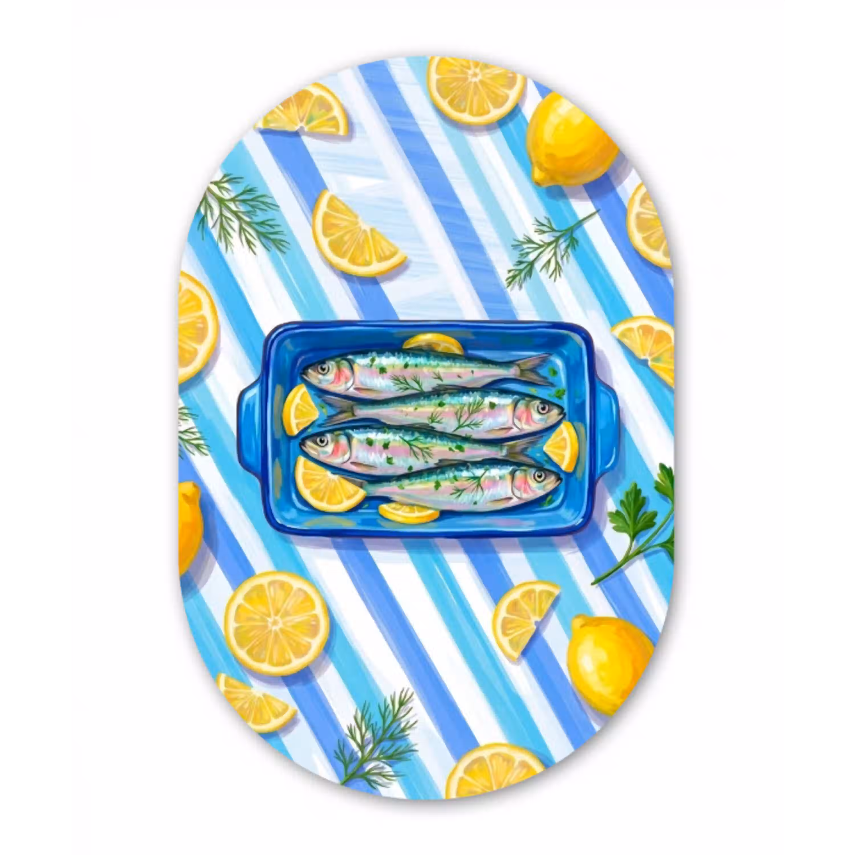 Vis - Citroen - Kruiden - Eten - Blauw Wandcirkel Ovaal Forex klein -3d