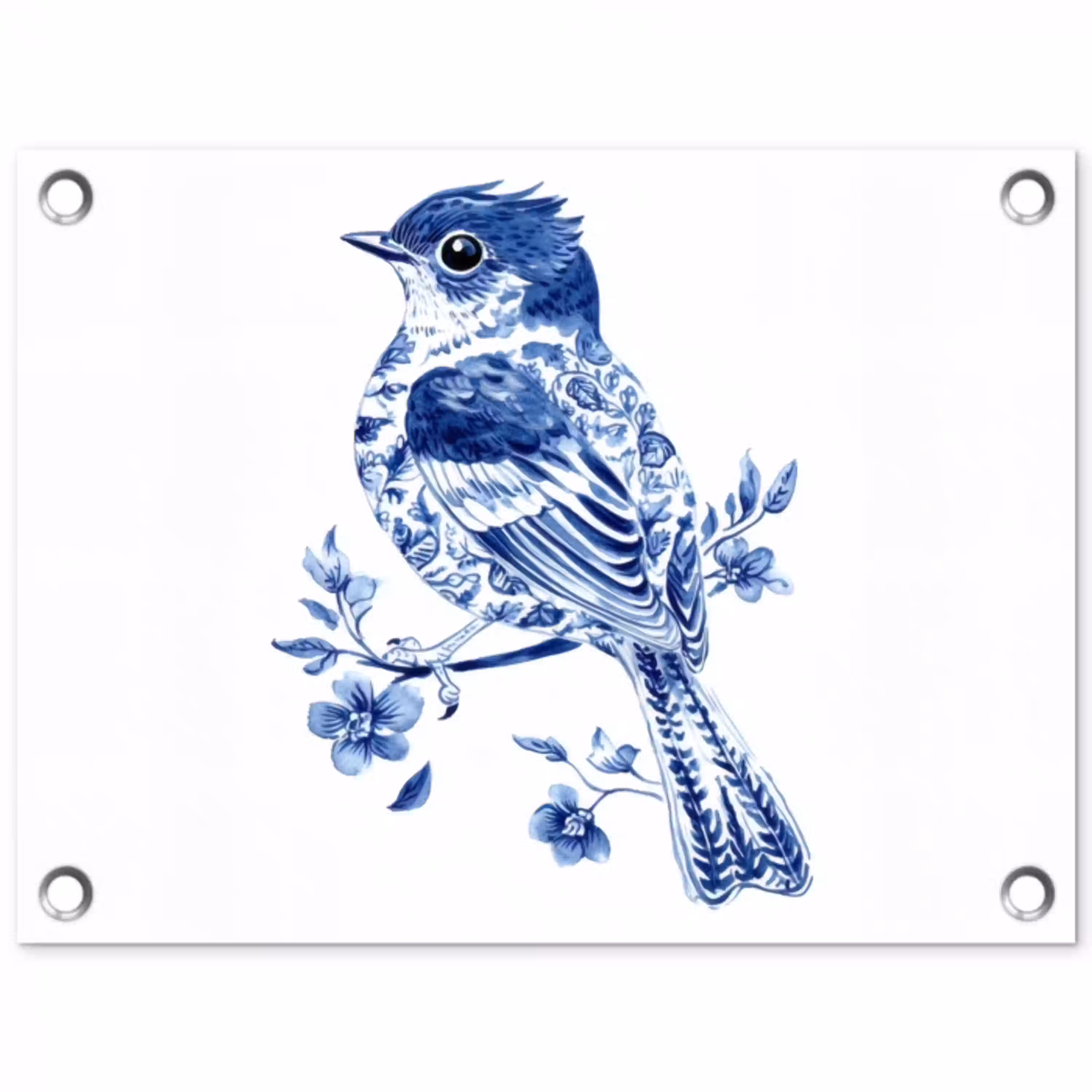 Vogel - Delfts blauw - Illustratie - Bloemen tuinposter los doek klein -3d