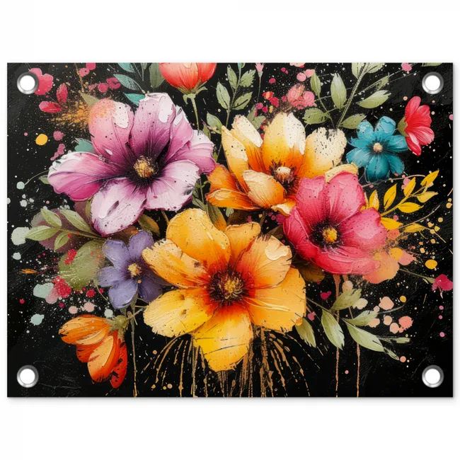 Bloemenpracht op Zwarte Achtergrond tuinposter los doek klein -3d