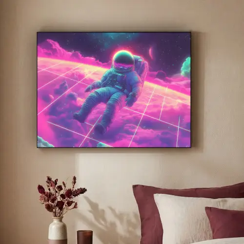 Astronaut - Neon - Roze - Wolken Textielframe zwart klein -sfeer1