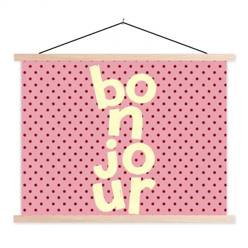 Bonjour - Stippen - Roze- Geel textielposter latten blank klein -3d
