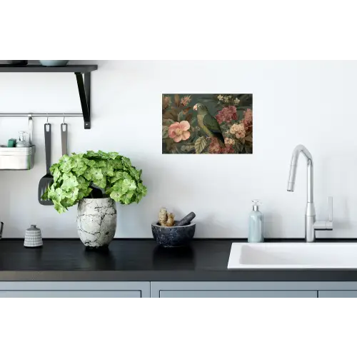 Groene papegaai - Kleurrijke bloemen - Donkere achtergrond Muursticker klein -keuken