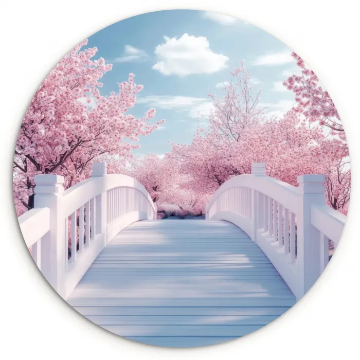 Brug - Kersenbomen - Wit Wandcirkel kunststof plaat 5mm dik klein -3d