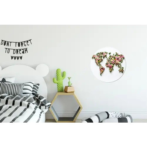 Wereldkaart - Kleurrijk - Bloemen - Lente Wandcirkel aluminium klein -kinderkamer