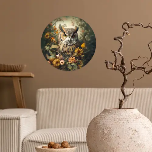 Uil - Vogels - Bloemen - Natuur Wandcirkel behangsticker klein -sfeer1