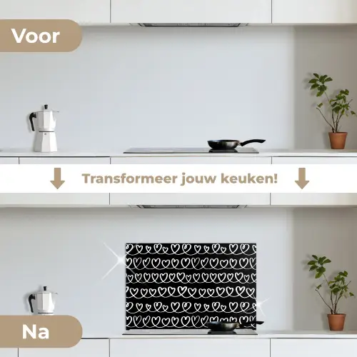 Harten - Verweven - Zwart - Wit keuken achterwand spatscherm klein 900 -voor_na_NL