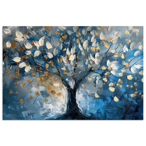 Boom - Blauw - Goud - Abstract poster papier klein -3d