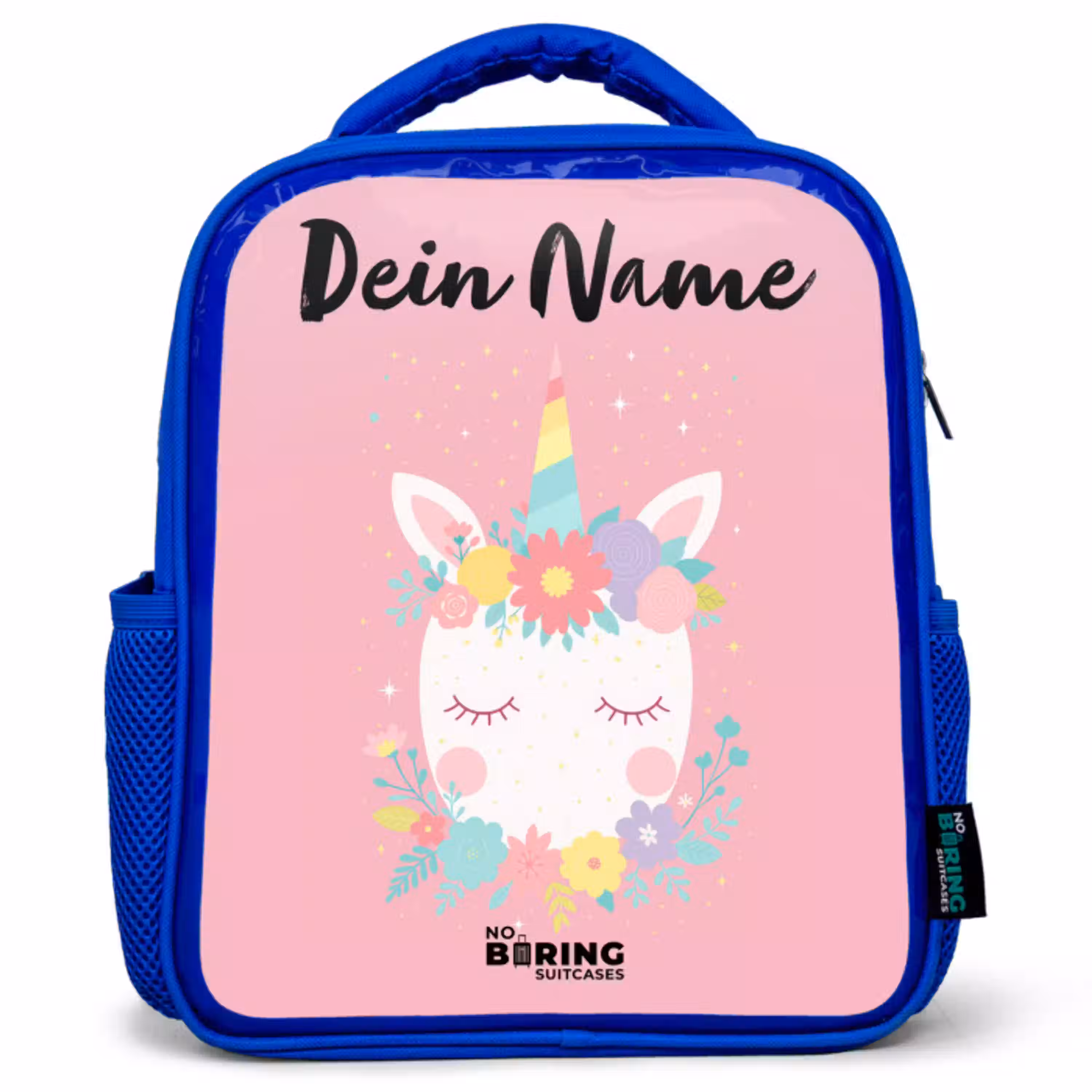 Eenhoorn - Bloemen - Roze Kinderrugzak - Blauw middel -3d