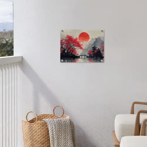 Rode zon - Rivier - brug - Bomen tuinposter los doek klein -sfeer8