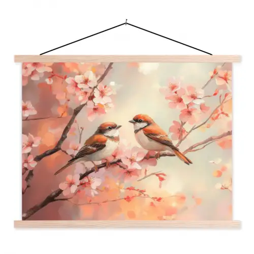 Vogels - Romantic - Bloesemtak textielposter latten blank klein -3d