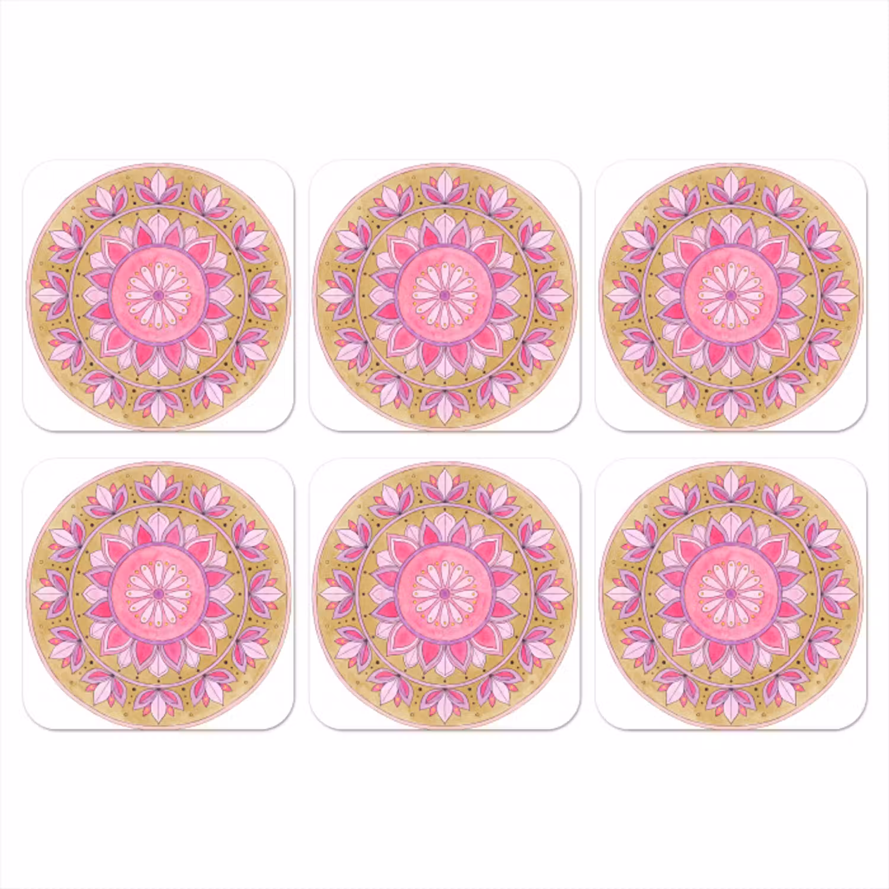 Mandala - Patroon - Kunst - Aquarel - Roze onderzetter kurk middel -3d
