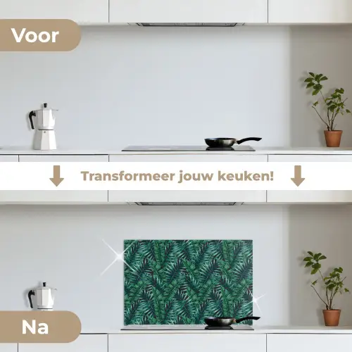 Palmbladeren - Blauw - Tint - Zwart keuken achterwand spatscherm klein 900 -voor_na_NL