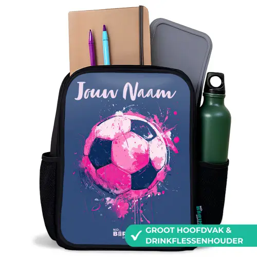 Voetbalvibes -  Verf - Roze - Blauw Rugzak - Zwart middel -inhoud_NL