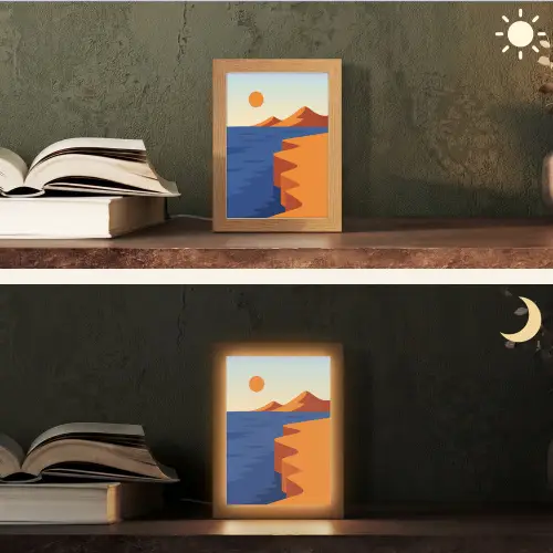 Landschap - Bergen - Zon - Zee Light Box met kabel (Tafellamp) klein -sfeer3