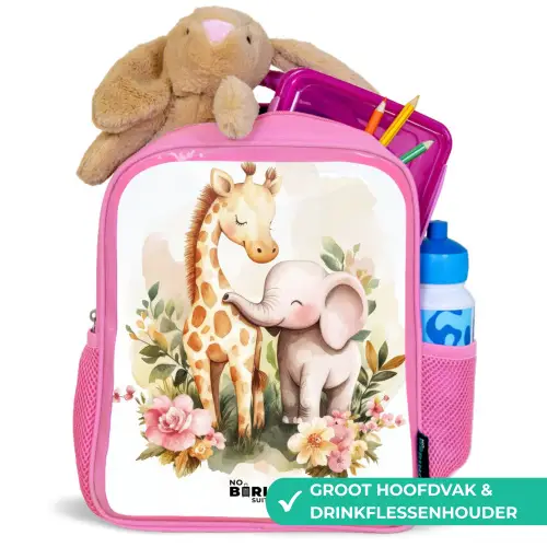 Giraffe en olifant tussen bloemen op witte achtergrond Kinderrugzak - Roze middel -inhoud_NL