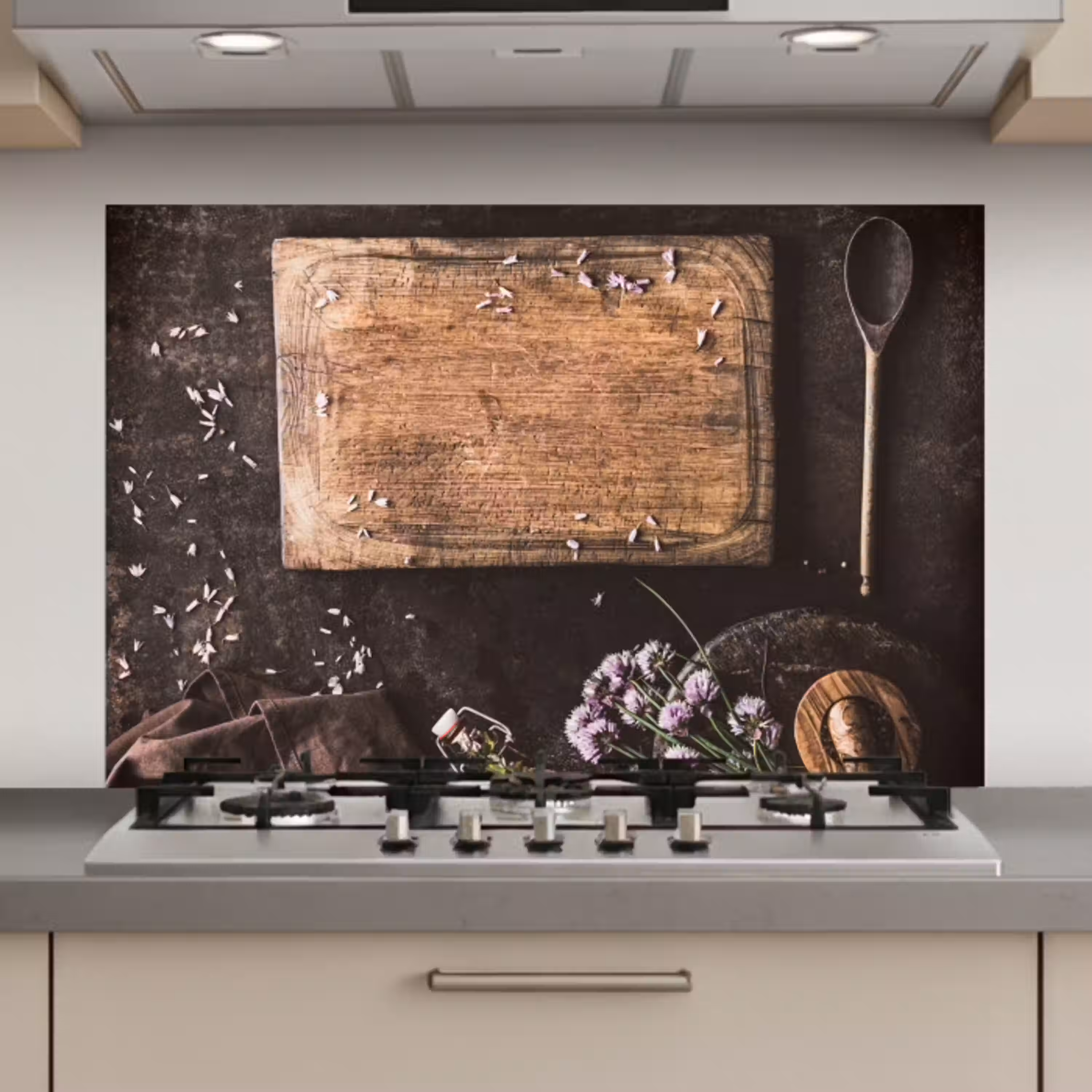 Snijplank - Kruiden - Lepel - Keuken - Rustiek - Vijzel - Bieslook keuken achterwand spatscherm klein -3d_website