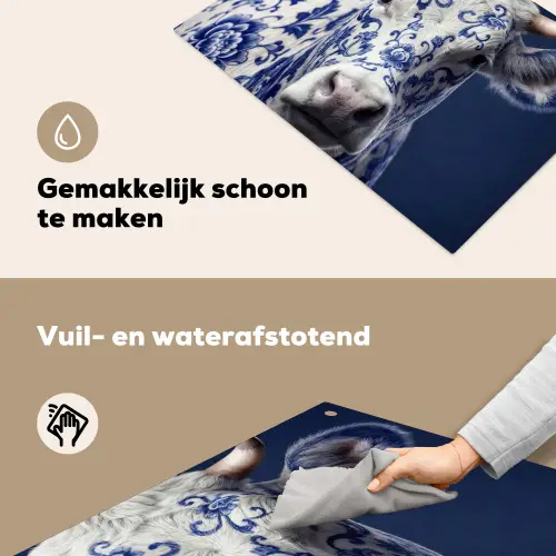 Koe - Delfts - Blauw - Artistiek Inductie beschemer met haakjes klein -ky-schoon-nl