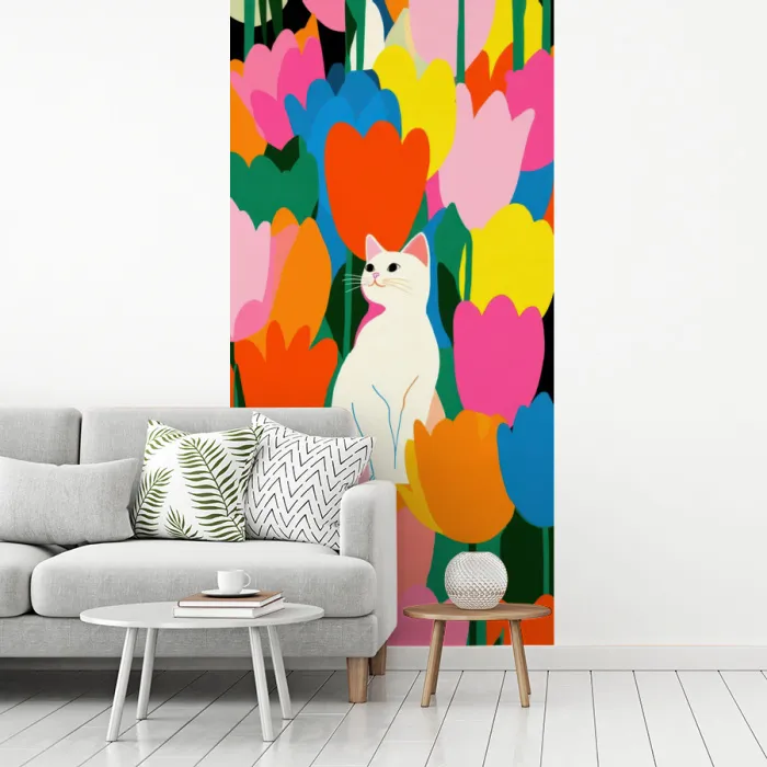 Tulpen - Kat - Kleurrijk fotobehang vinyl groot -woonkamer