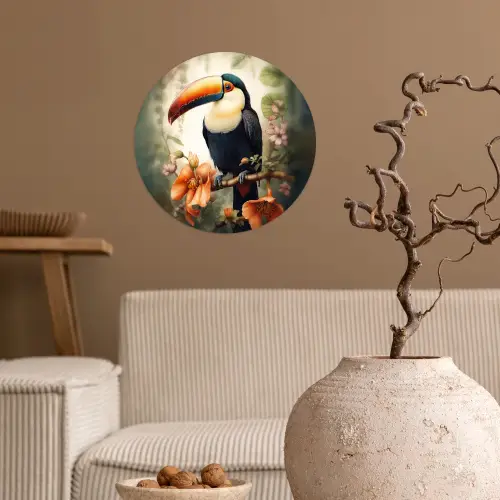 Toekan - Vogel - Bloemen - Planten Wandcirkel behangsticker klein -sfeer1