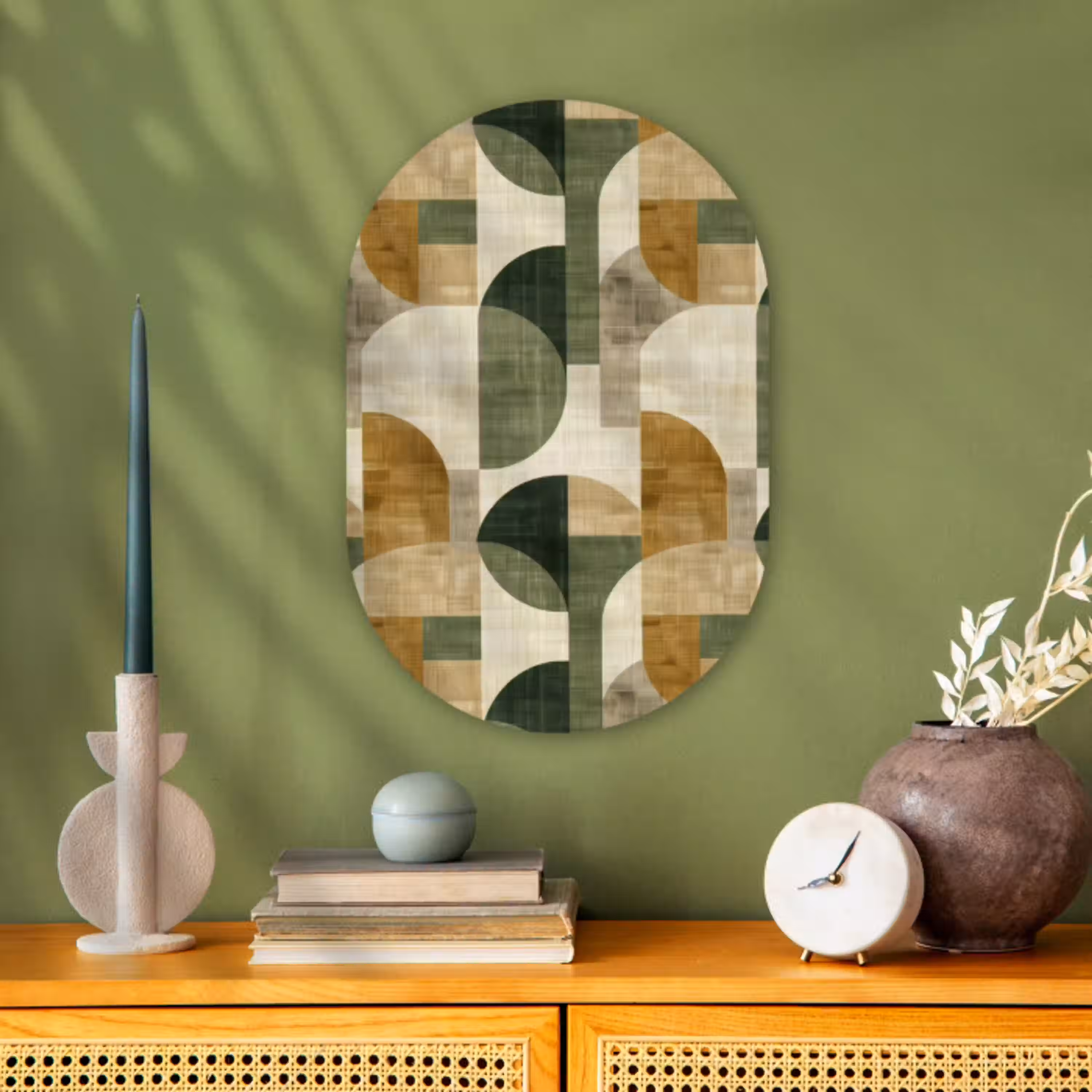 Olijfgroen - Geometrisch - Abstract - Mid-Century - Linnen - Patroon Wandcirkel Ovaal Forex klein 630 -sfeer2