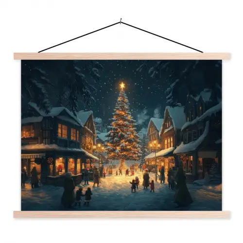 Kerstfeest - Dorp - Donker textielposter latten blank klein -3d