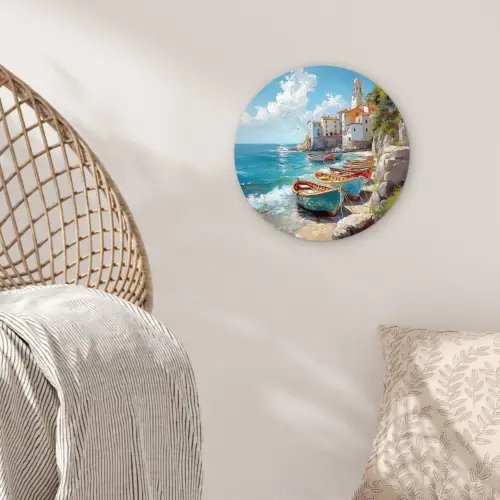Boten - Rotsen - Zee - Zon Wandcirkel kunststof plaat 5mm dik klein -sfeer5