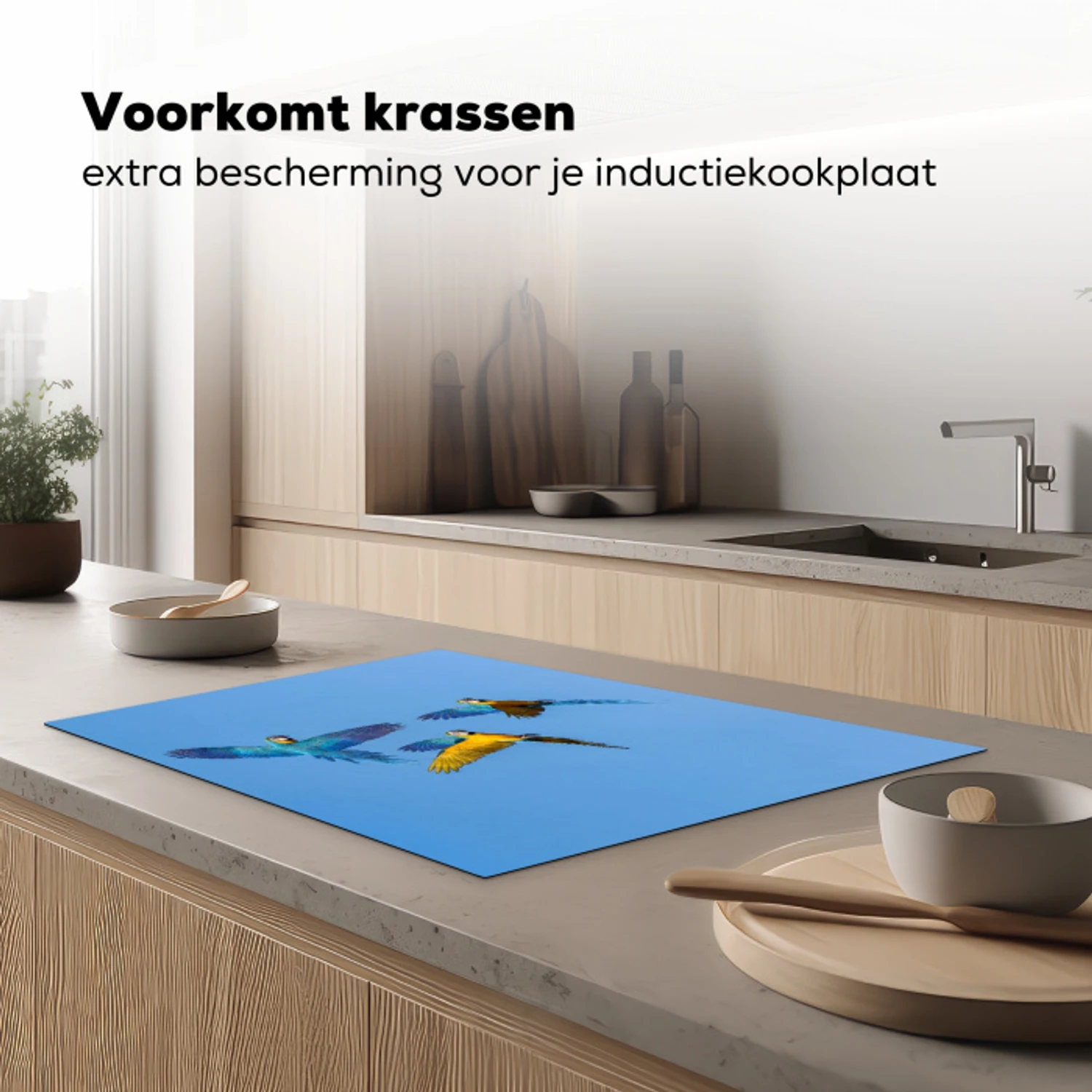 Papagaai - Vliegen - Blauw - Geel Inductie beschermer vinyl 3mm klein -sfeer1