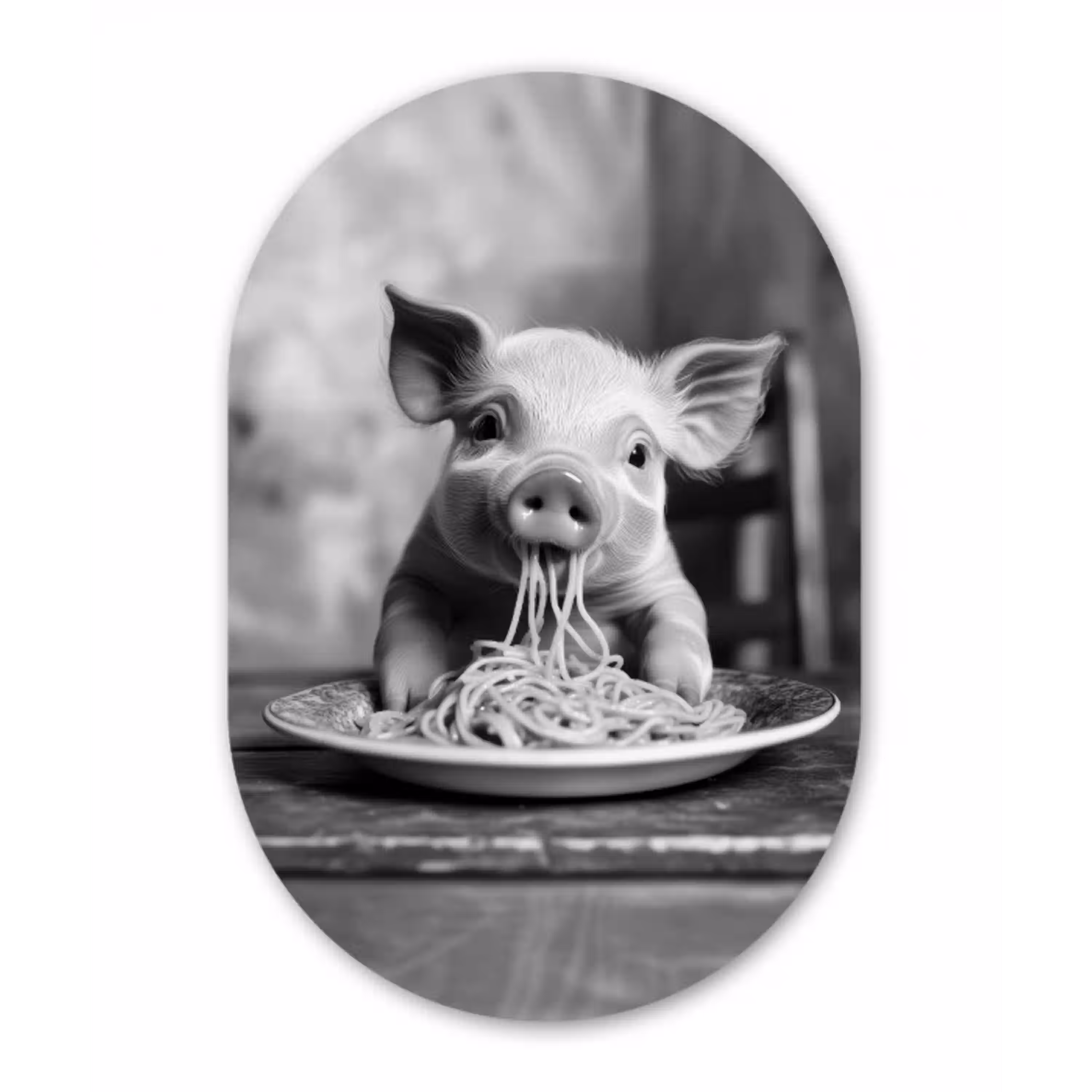 Varken - Schattig - Spaghetti - Zwart wit - Dier Wandcirkel Ovaal Aluminium middel -3d