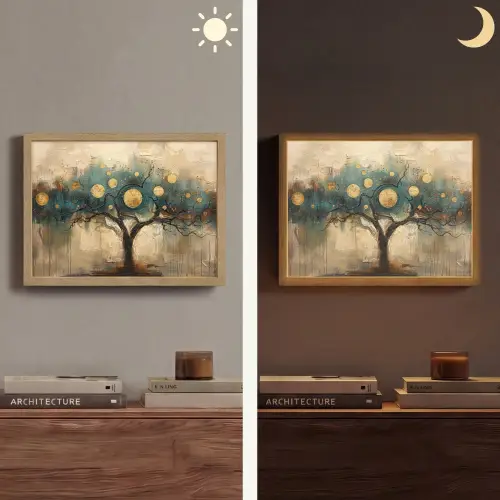 Boom - Abstract - Bruin - Goud - Industrieel Light Box met batterij (Wandlamp) middel -sfeer3