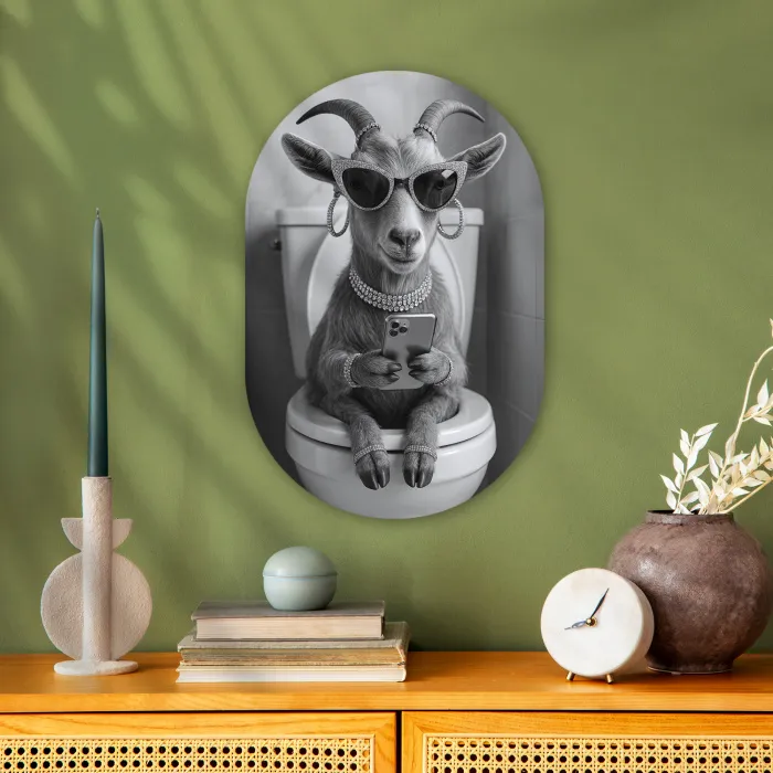Geit - Telefoon - Toilet - Zwart - Wit Wandcirkel Ovaal Forex klein -sfeer2
