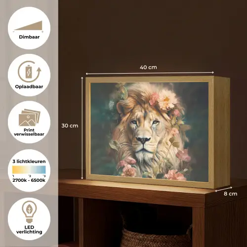 Leeuw - Leeuwenkop - Wilde dieren - Bloemen Light Box met batterij (Wandlamp) middel -USP_websiteoverzichtNL