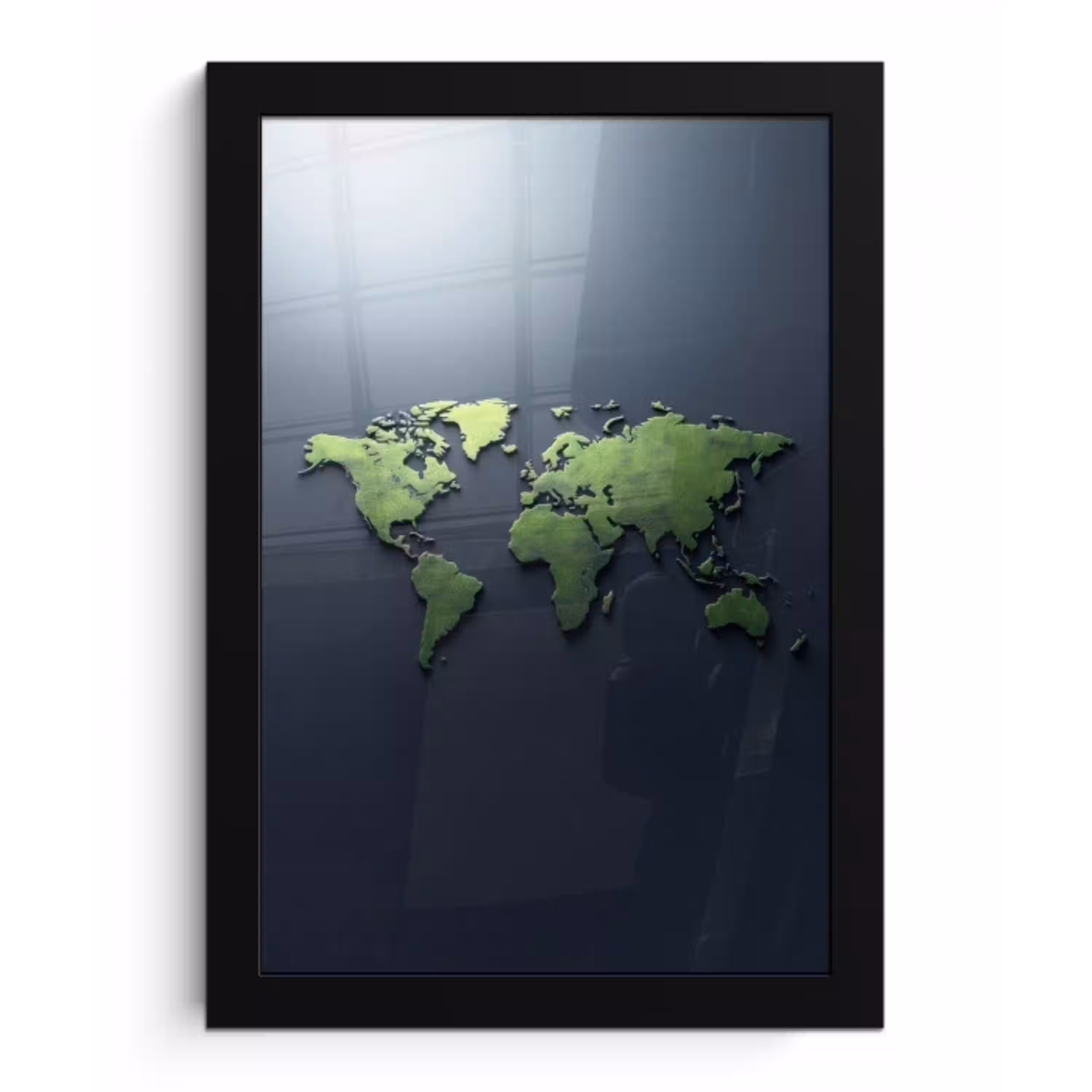 Lichtgroen - Blauw - Wereldkaart - 3D fotolijst zwart zonder passe partout klein -3d