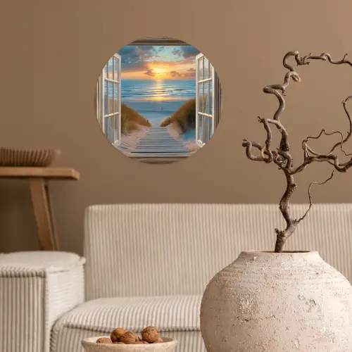 Doorkijk - Strand - Pad - Zonsondergang Wandcirkel behangsticker klein -sfeer1