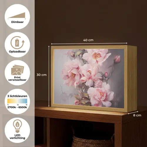 Rozen - Bloemen - Roze - Kunst - Watercolor Light Box met batterij (Wandlamp) middel -USP_websiteoverzichtNL