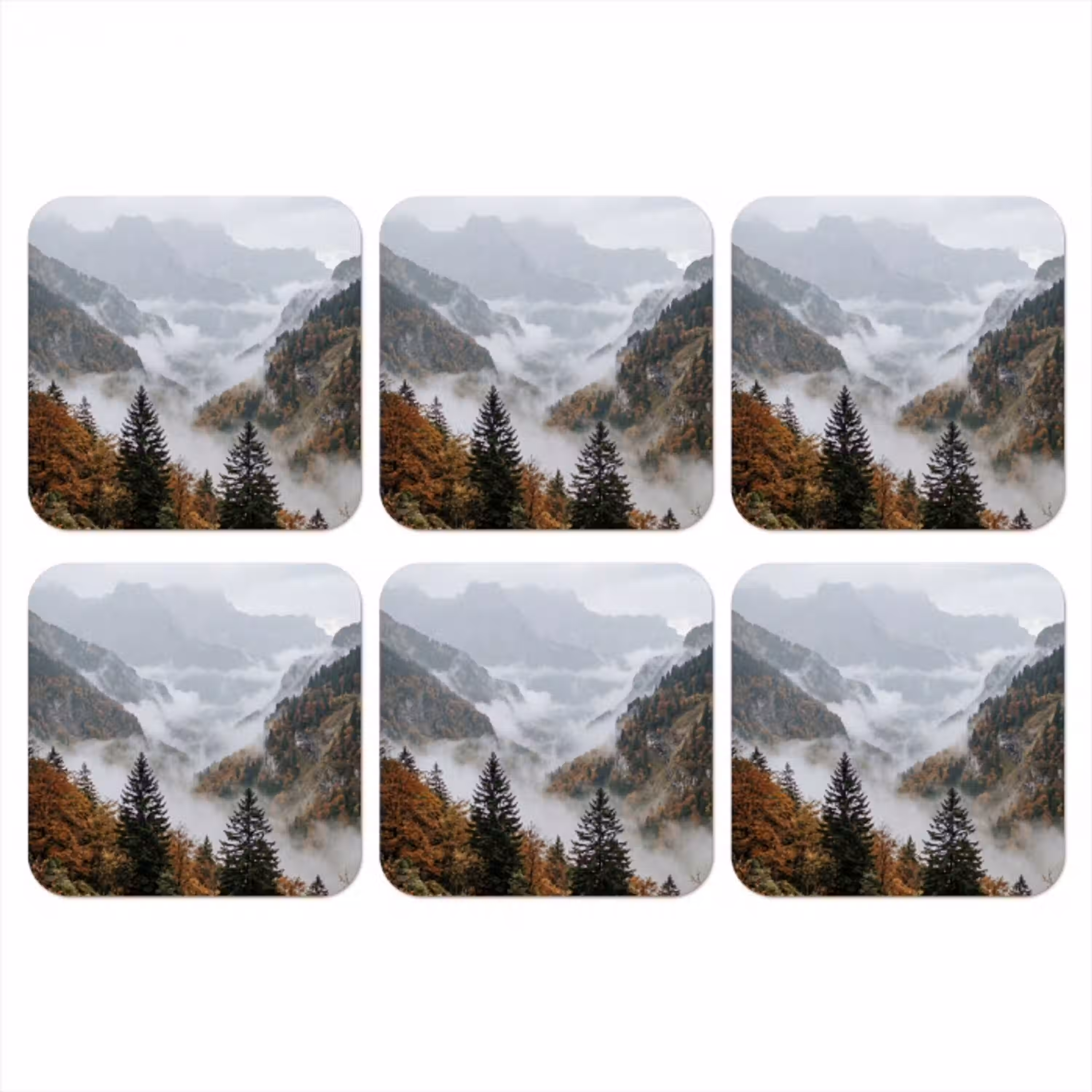 Bergen - Vallei - Mist - Herfst - Natuur onderzetter kurk middel -3d