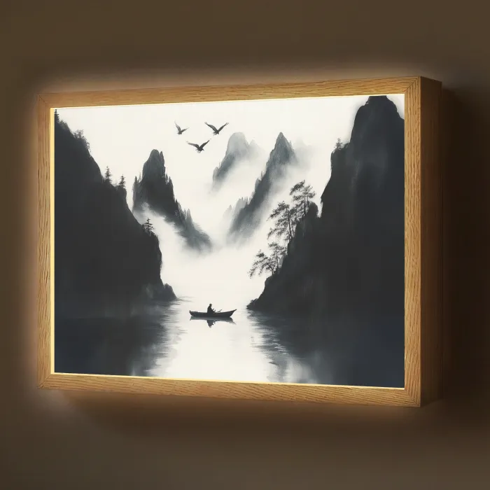 Roeiboot - Mistig - Bergen - Vogels Light Box met batterij (Wandlamp) middel -z3d_website