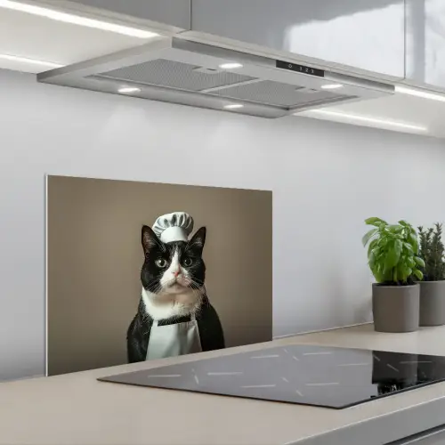 Kat - Kokskleding - Zwart - Wit keuken achterwand spatscherm klein -3d_schuin