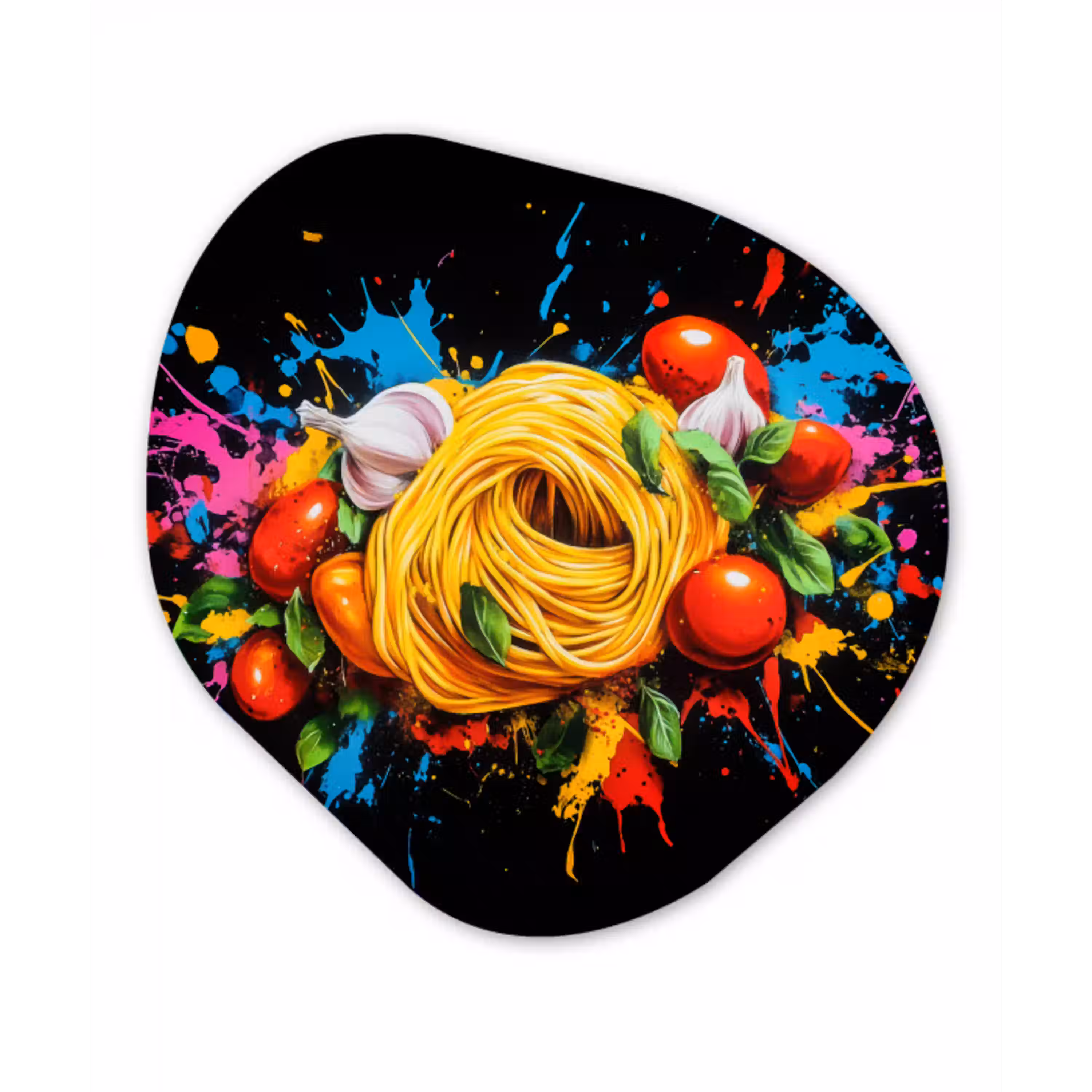 Spaghetti - Graffiti - Verf - Kleurrijk - Eten - Modern Wandcirkel Organisch Aluminium middel -3d