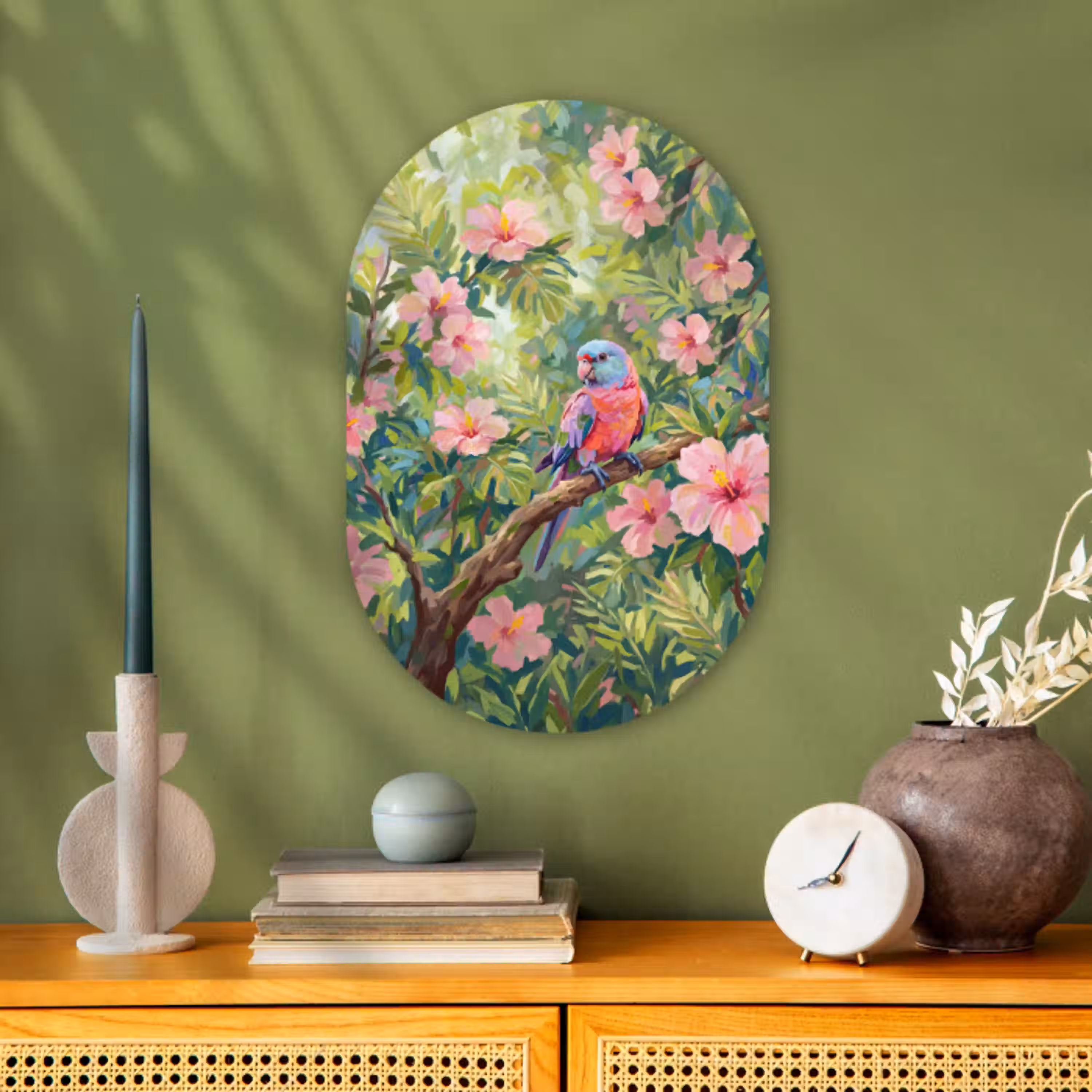 Papagaai - Hibiscusbloemen - Kleurrijk Wandcirkel Ovaal Forex klein -sfeer2