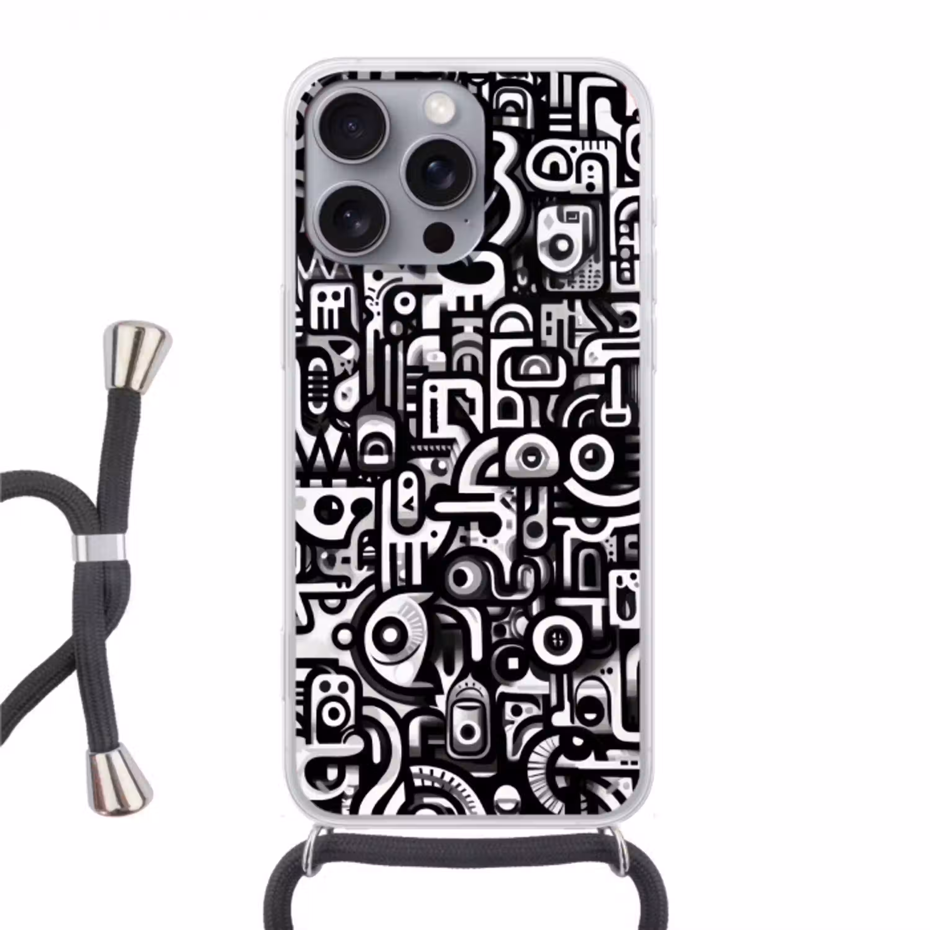 Symbolen - Abstract - Grafisch - Zwart Hoesje iPhone 16 Pro Max met koord klein -3d