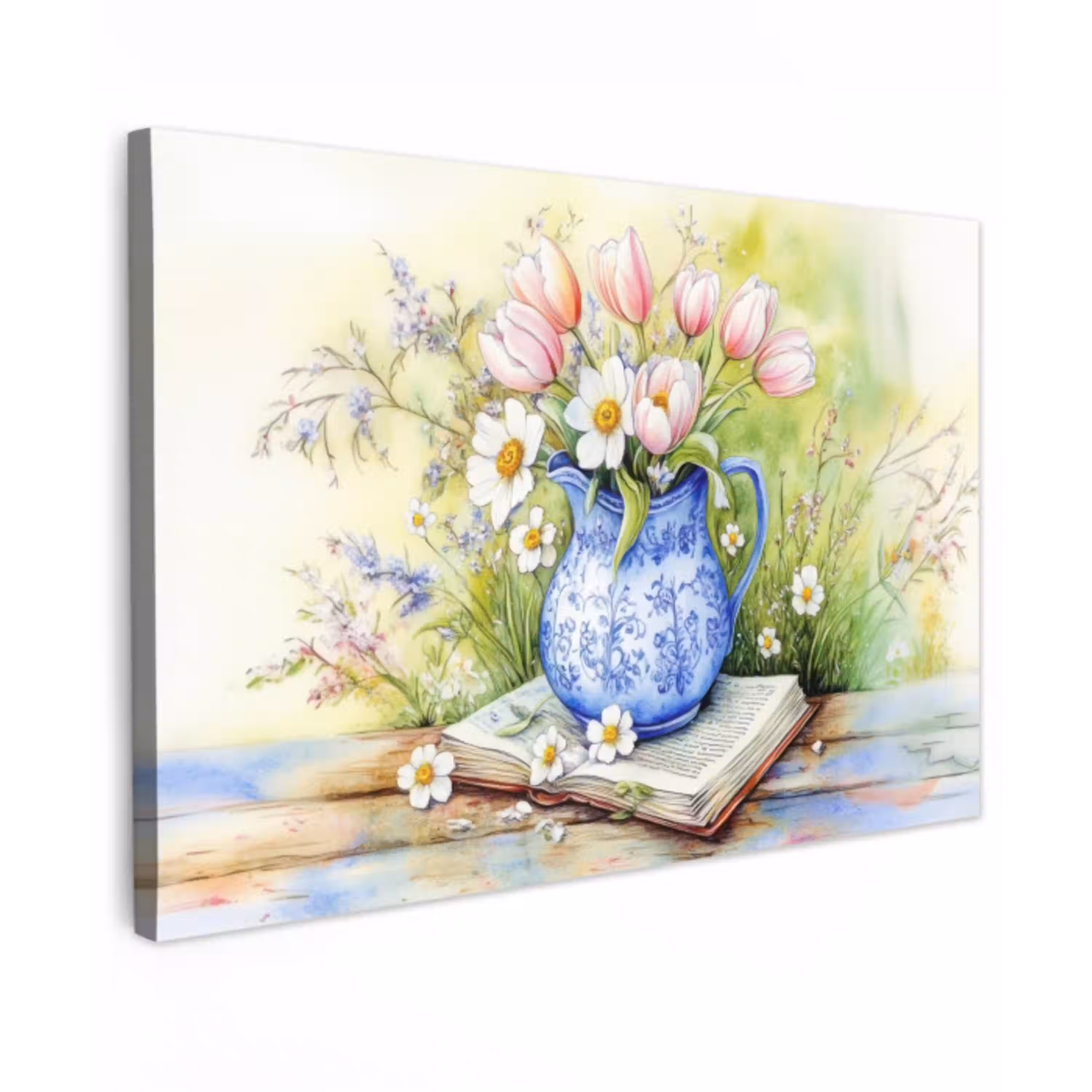 Vaas - Delftsblauw - Madeliefjes Tuinposter op houten frame 2 cm dik klein -3d