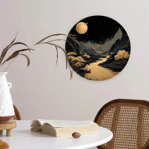 Gouden rivier - Bergen - Maan - Sterrenhemel Wandcirkel kunststof plaat 5mm dik klein -sfeer4