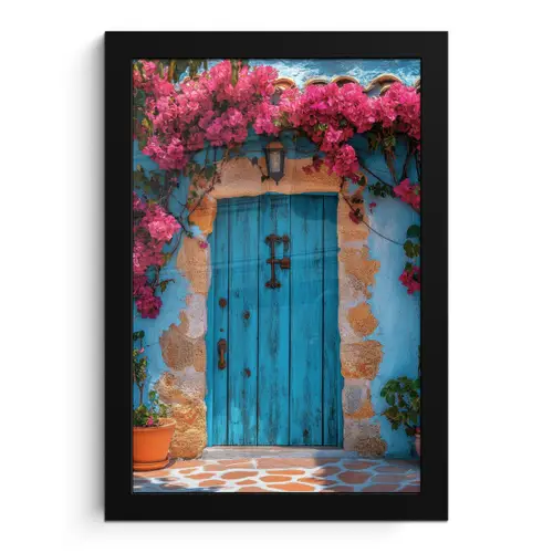 Deur - Hout - Bloemen - Blauw fotolijst zwart zonder passe partout klein -3d