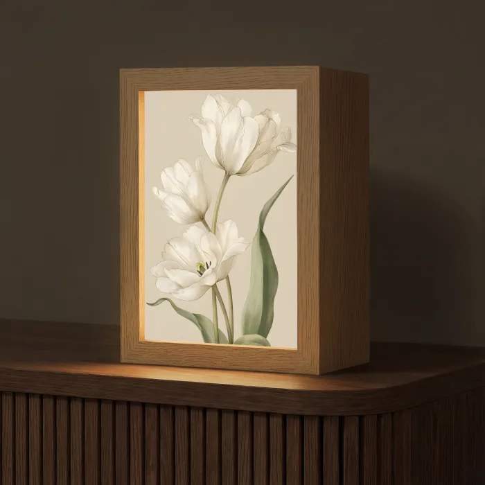 Tulpen - Wit - Bladeren Light Box met kabel (Tafellamp) klein -z3d_website